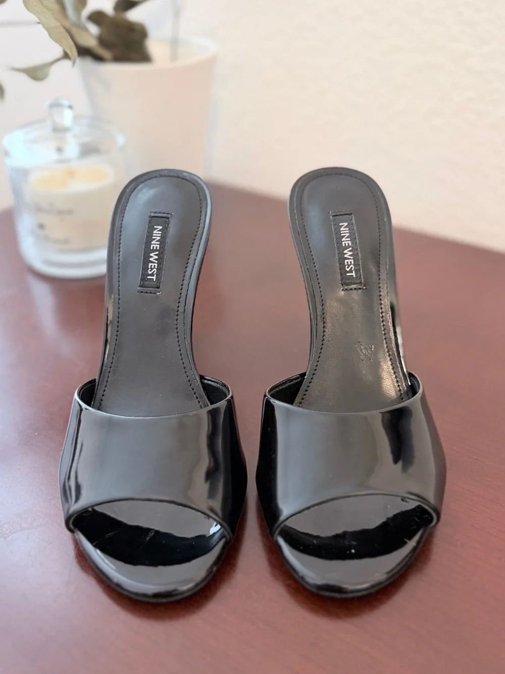 Nine West Kool3 Black Patent Peep-Toe Slip-On Heeled Sandals Size 7 NIB